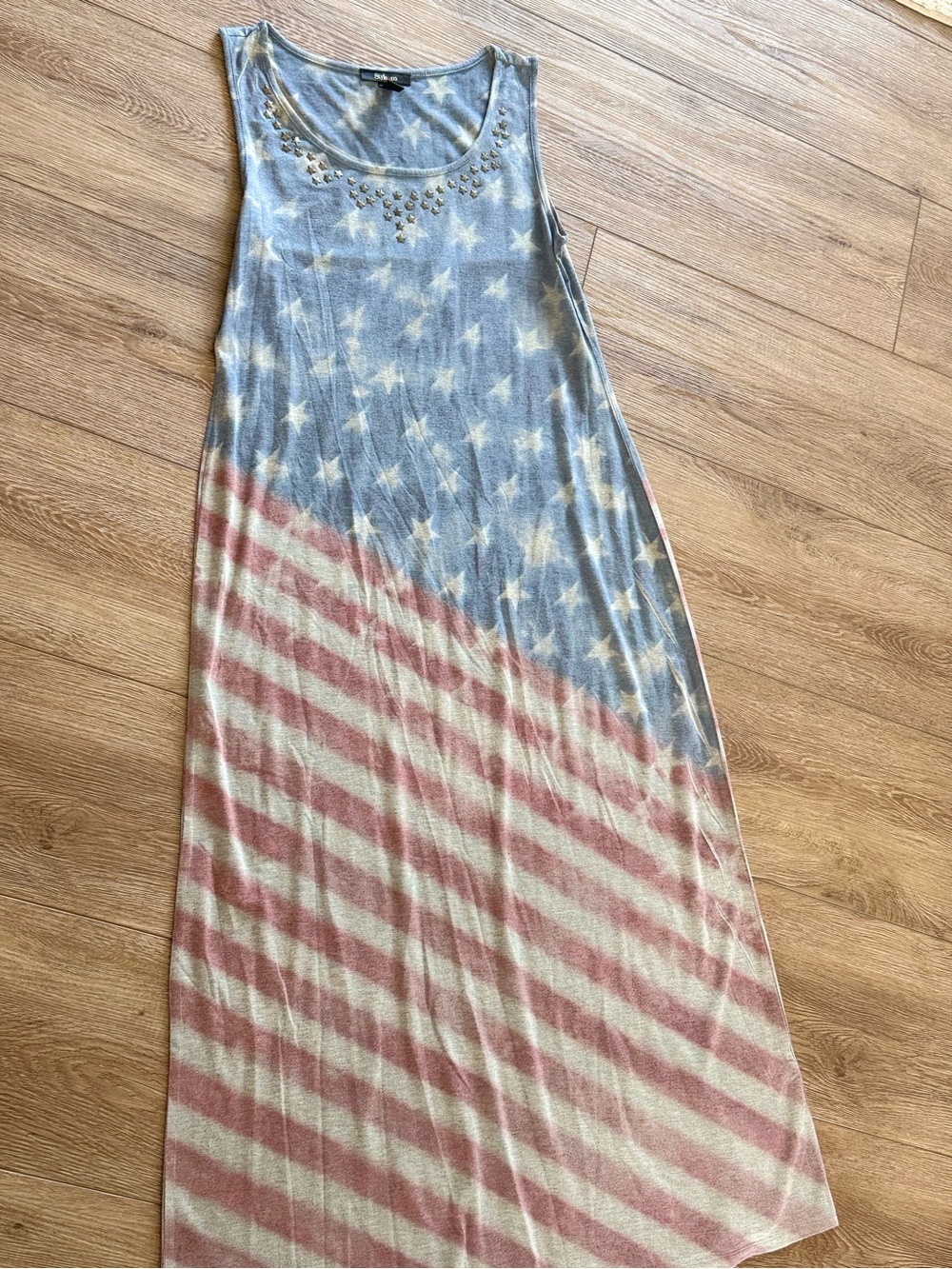 Sleeveless Maxi Dress with Studded Neck - American Flag Print